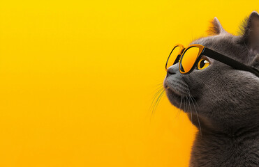 Cute British Shorthair cat wearing sunglasses against bright yellow background, exuding playful and stylish vibe