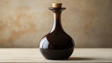 Elegant Dark Glass Bottle with Cork Stopper on a Neutral Background