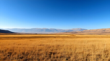 Fototapeta premium Vast Golden Field Under a Clear Blue Sky and Distant Mountains