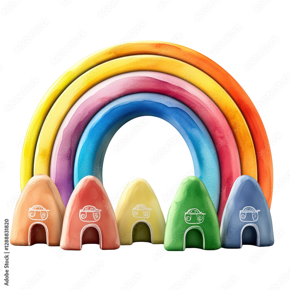 Poster rainbow colored toy featuring a vibrant rainbow design in the center on a white background isolated 