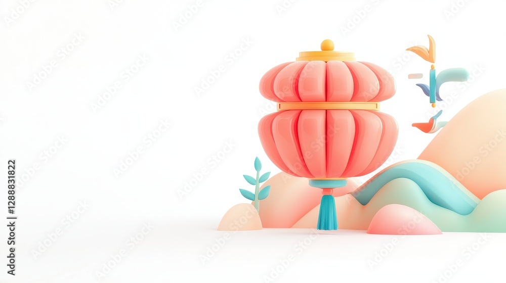 Poster vibrant traditional red lantern with intricate patterns against a soft colorful background