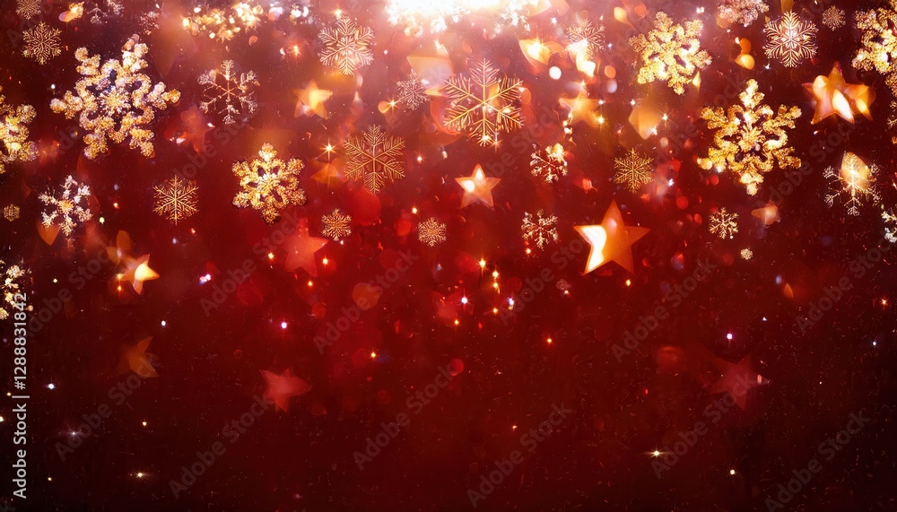 Poster golden snowflakes and stars floating on a red sparkling background, perfect for festive designs and 