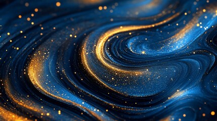 Abstract Swirling Galaxy of Deep Blues and Golden Glittering Lights