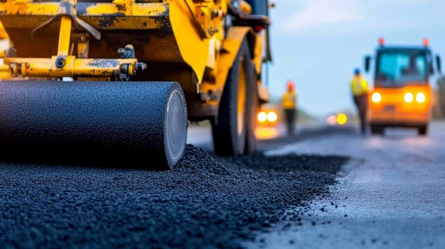 Construction worker operating heavy machinery to lay asphalt on a new road under a blue sky