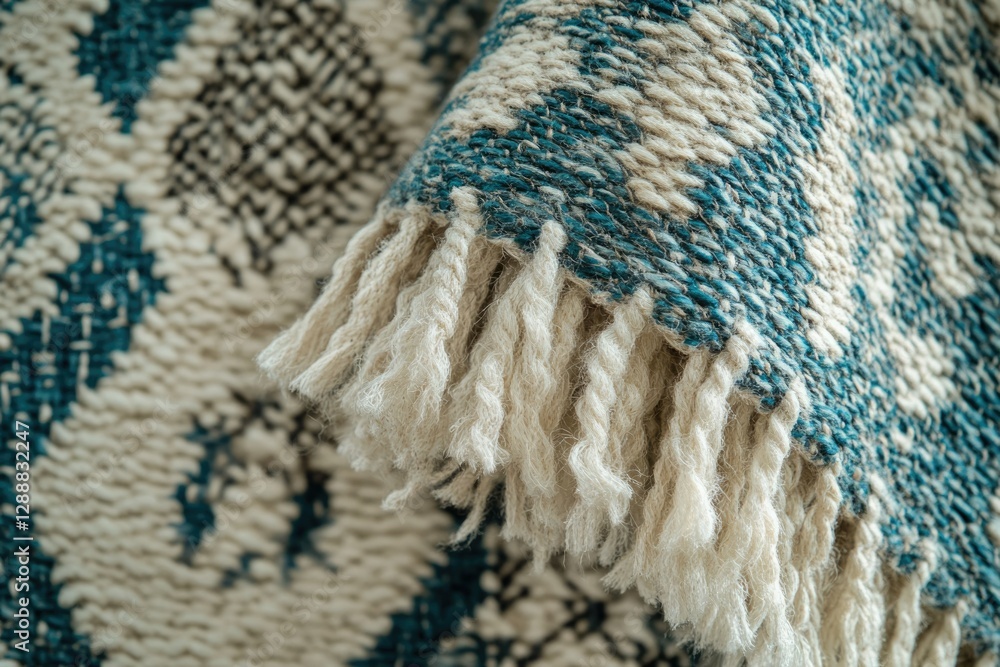 Aufkleber close-up of a teal and beige woven textile with a fringed edge, showcasing intricate texture and han