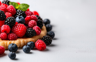 Delicious fruit pizza topped with fresh raspberries, blackberries, and blueberries on light background, showcasing vibrant colors and textures