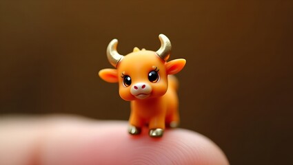 A tiny, adorable figurine of a baby bull, delicately placed on the tip of a human finger. The bull has a charming cartoonish appearance with large, expressive eyes, tiny horns, and a warm orange hue. 