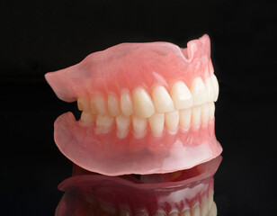 Full denture dentures on black.