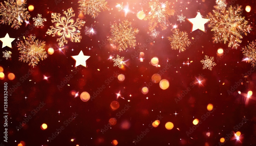 Poster golden snowflakes and stars floating on a red sparkling background, perfect for festive designs and 