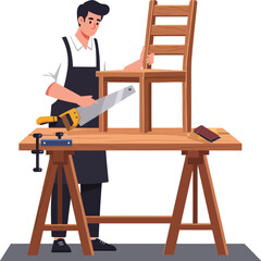 Craftsman using a saw to build a wooden chair at a workbench