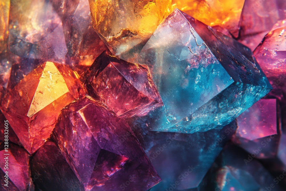 Aufkleber vibrant cluster of multicolored crystals showcasing intricate facets and textures.