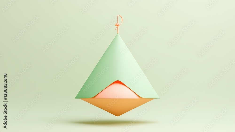 Poster isolated vibrant green tea bag with string hanging in minimalist style on soft background