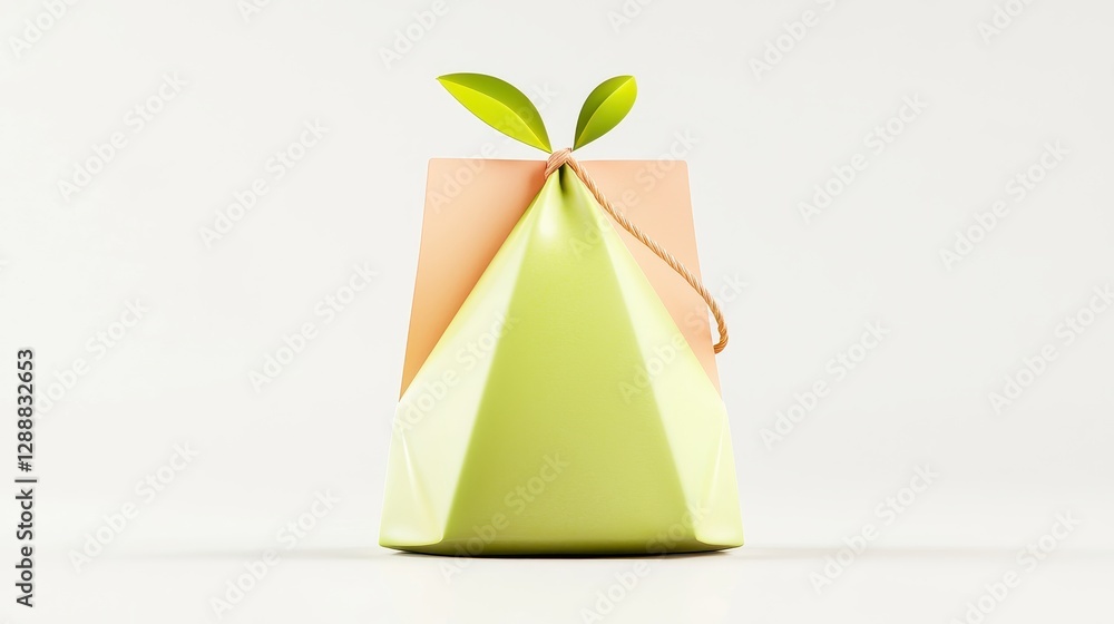 Poster Isolated Vibrant Green Tea Bag with Strings and Leaf Design on a Minimalist Background