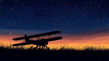 Silhouette Biplane Under Starry Night Sky: Dreams of Flight at Dusk