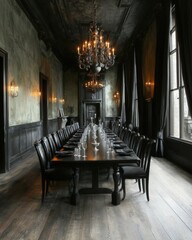 Elegant gothic dining room with a long black table, luxurious leather chairs, a grand crystal chandelier, and moody lighting