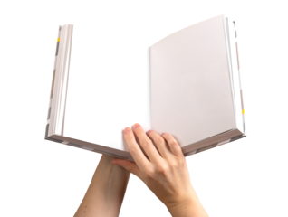 hands holding an open, blank hardcover book, displaying clean, white pages for writing or design. Ideal for showcasing educational materials, publishing, or promotional content. Isolated on a white