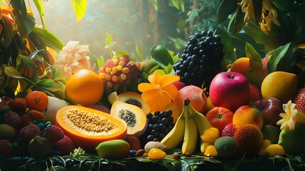 Lush Tropical Fruit Still Life with Vibrant Colors and Exotic Flowers