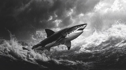 Monochrome Majesty: A Great White Shark Leaps Amidst Stormy Seas