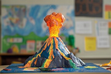 Colorful paper mache volcano with erupting lava in classroom