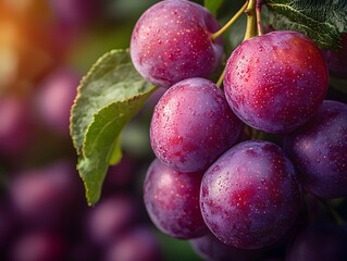 Radiant Glowing Fruit Tree Laden with Ripe Purple and Red Plums in Orchard