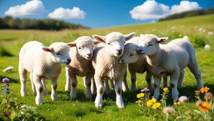 Obraz premium A group of fluffy lambs standing together in a sunlit pasture, their bright white fur contrasting beautifully with the lush green grass.