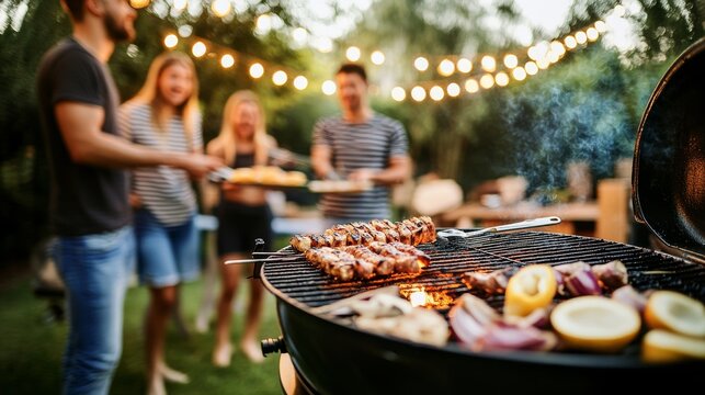 Gen Z friends hosting a barbecue in a backyard during the evening. Featuring relaxation and enjoyment - Powered by Adobe