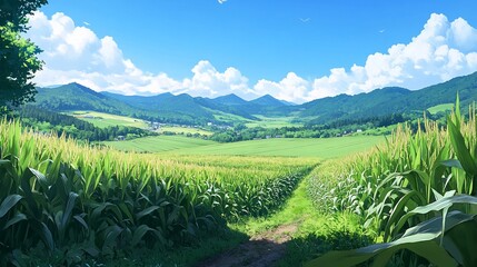 Scenic Cornfield Landscape with Mountains and Blue Sky Anime Style
