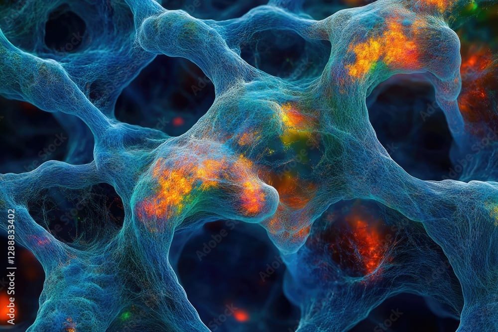 Fototapete microscopic view of intricate cellular network, vibrant colors highlight complex structures and proc