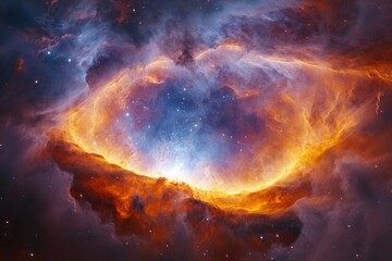 Fototapeta premium A vibrant nebula glows with fiery orange and cool blue hues, a celestial spectacle of cosmic dust and gas.