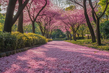 Pink sakura trees in full bloom, creating a dreamy park scene. The soft vintage tone enhances the beauty of spring’s arrival, bringing a nostalgic and serene atmosphere to the moment.

