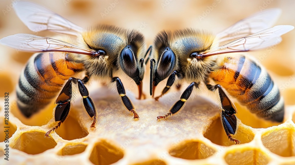 Poster two honeybees face each other on a honeycomb, detailed close up shot showcasing intricate textures a