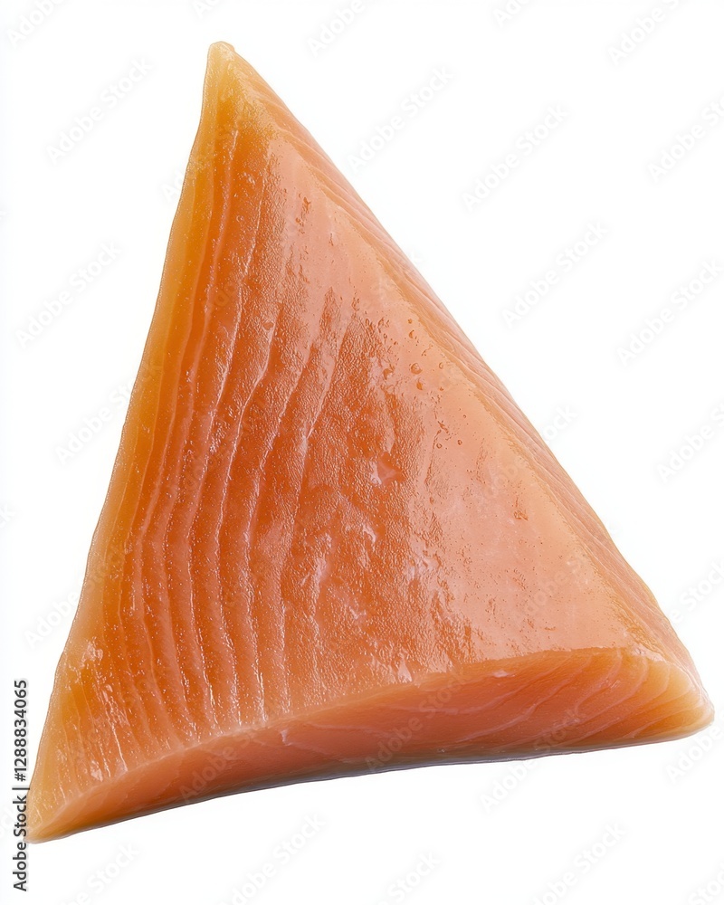 Poster close up of a triangular piece of light brown fish fillet, showing detailed texture and subtle color