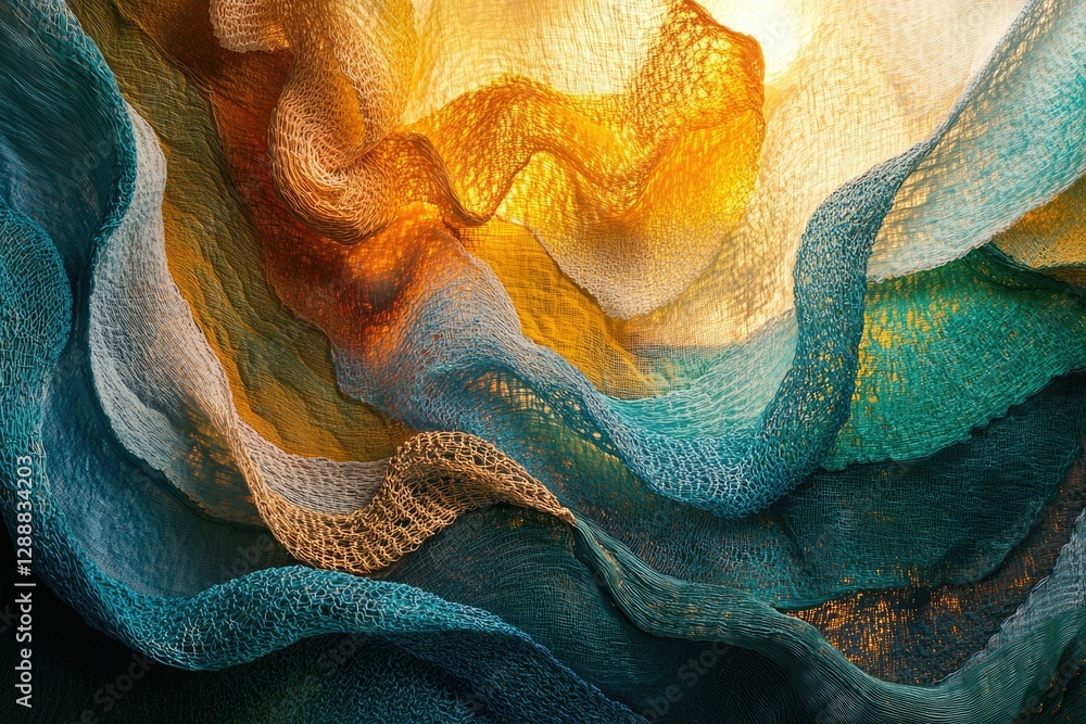 Poster abstract art showcasing layered, textured fabrics in earthy tones, creating a wave-like pattern.