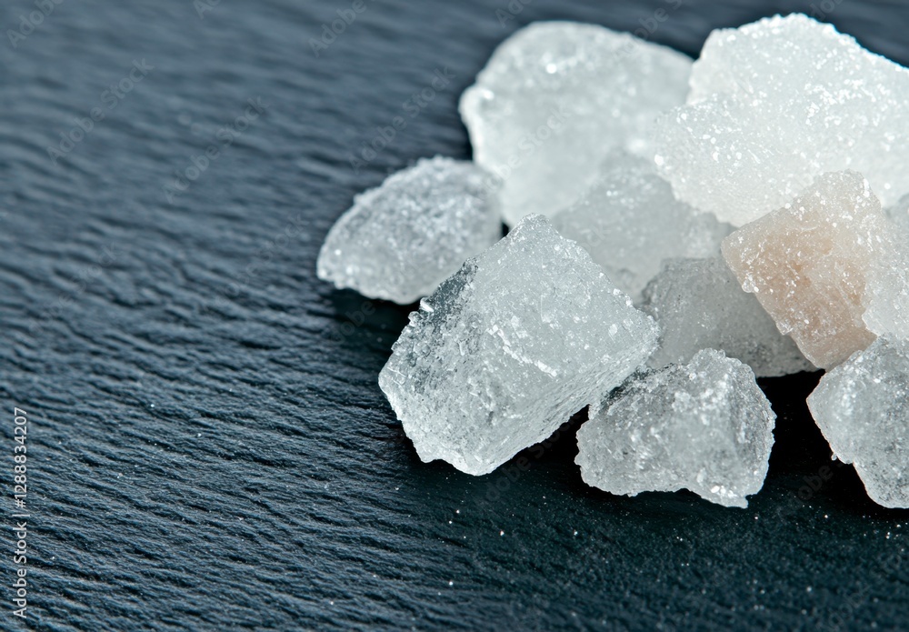 Poster close up view of translucent, crystalline sugar cubes on a dark gray slate surface. the cubes are ir
