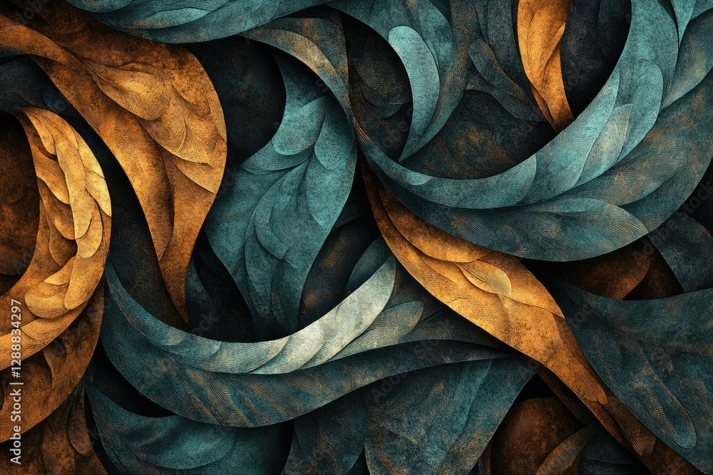 Poster Abstract art featuring swirling, textured teal and gold leaf-like forms creating a dynamic, luxurious visual.