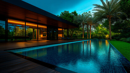 Fototapeta premium Modern villa with large glass windows, serene swimming pool, and lush greenery. evening ambiance creates tranquil atmosphere, perfect for relaxation