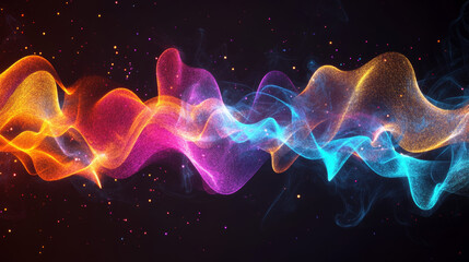 Conceptual music illustration featuring a glowing, colorful sound wave intertwined with smoke effects