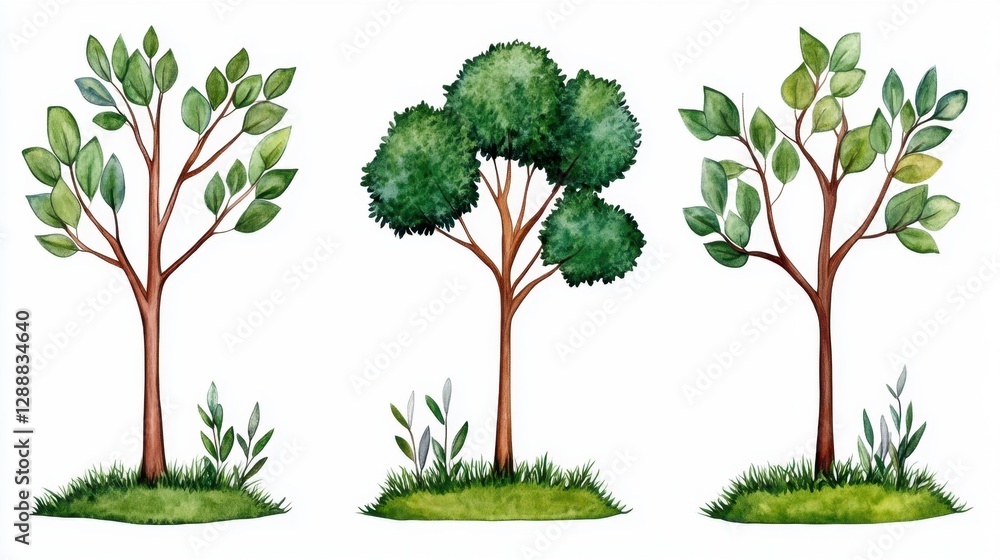 Poster watercolor painting of three different types of trees on a white background. each tree has a differe