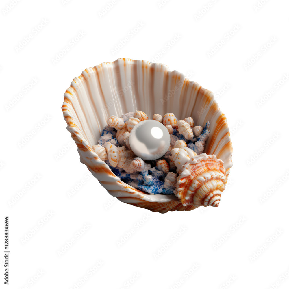 Poster small shell containing multiple smaller shells on a sandy beach surface isolated on transparent back