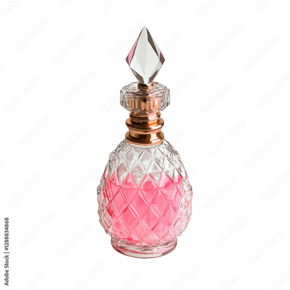 Poster pink perfume bottle with a diamond cap placed on a reflective surface against a plain background iso