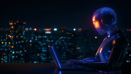 humanoid robot working on laptop at night, illuminated by city lights. scene conveys futuristic atmosphere with vibrant colors and tech savvy vibe