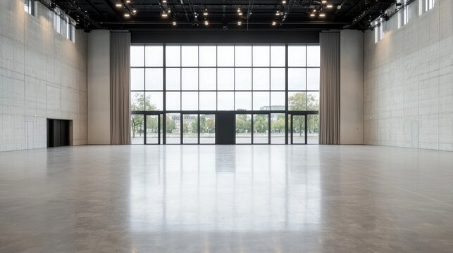 Modern event hall interior, large window, city view, empty space