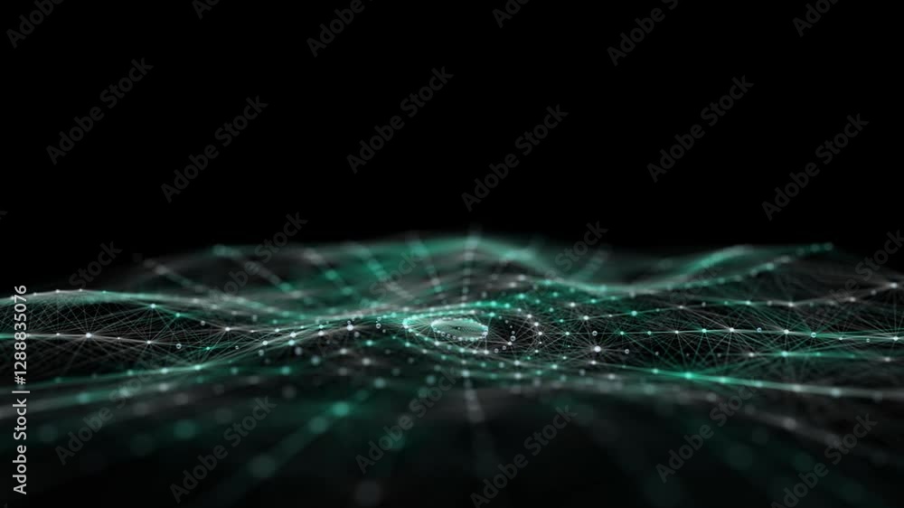 Poster Abstract circle wave with green light on black background. Science background with moving dots and lines. Network connection technology. Digital structure with particles. 3d rendering.