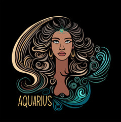 Aquarius Zodiac sign beautiful girl hand drawn vector colorful illustration on black background. Astrological contemporary symbol with magic female character. Modern design wall art, t-shirt, tattoo.