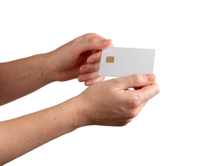 Young female hand holding a blank credit card, showcasing promotional offers, banking services, and consumer transactions. branding, and financial promotions. Isolated on white background.