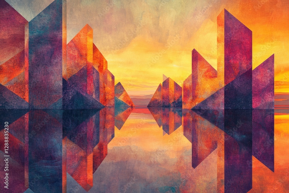 Poster geometric cityscape reflected in calm water at sunset, vibrant colors and angular forms.