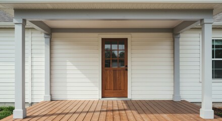 A wooden door of a house is viewed from its porch