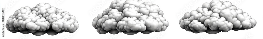 Poster three grayscale illustrations of cumulus clouds, each with a slightly different shape and texture, s