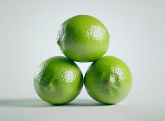 Three vibrant green limes arranged in a triangular formation against a bright white background. Close up, high key lighting highlights the limes'
