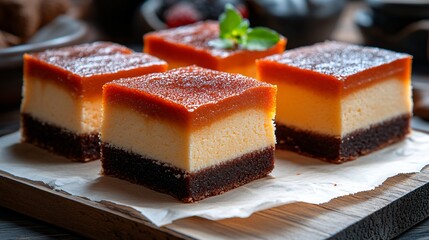 Delicious layered dessert squares with caramel topping and creamy filling on wooden board in kitchen setting